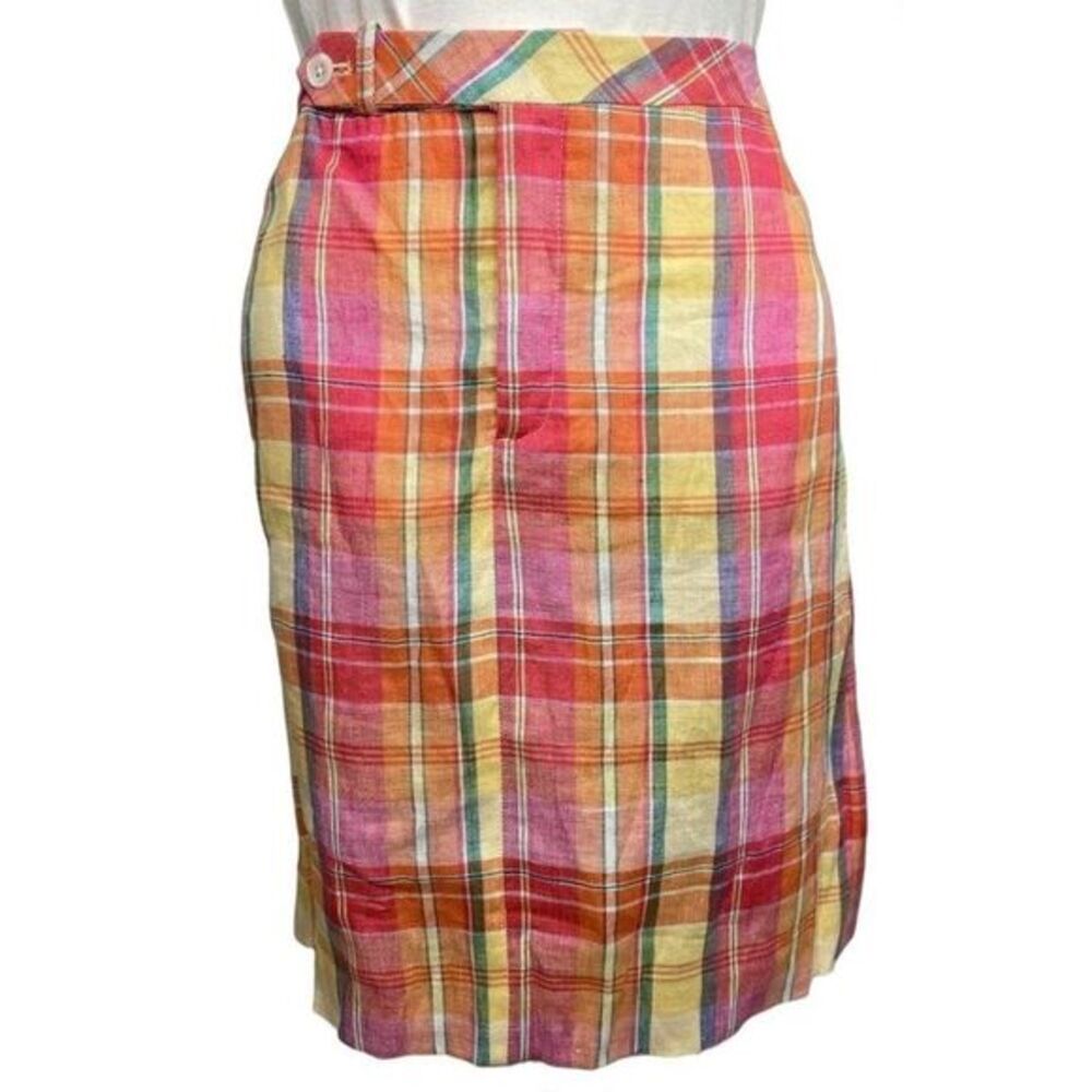 Ralph Lauren Sport Pink Yellow Madras Plaid Linen Pencil Skirt Sz 6 Preppy